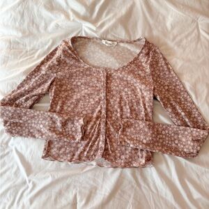 Pink Rose Light Purple Floral Lettuce Edge Long Sleeve Top Size Small